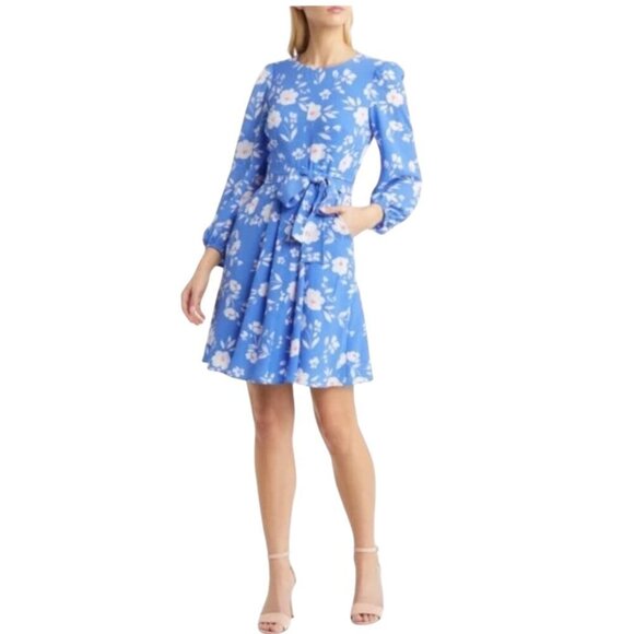 Eliza J Floral Fit & Flare Dress Periwinkle Blue NWT $138 Belted Women's Size 10 - Picture 1 of 10
